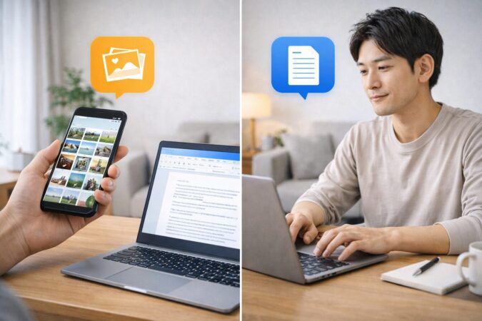 スマホとパソコンの保存や同期を分けて考えるイメージ