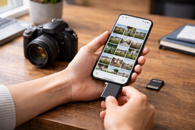 SDカードリーダーで旧型一眼レフの写真をスマホへ取り込む様子