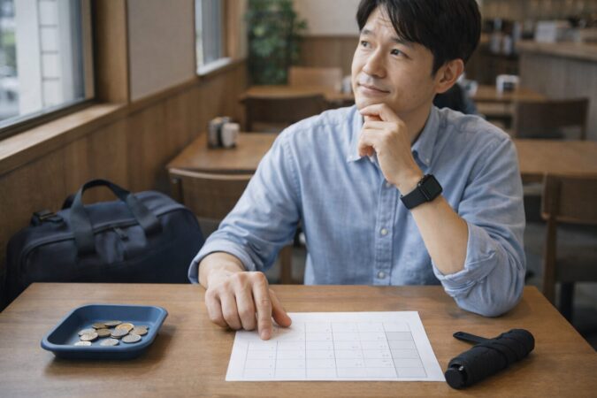 セルラー契約を「保険」として考えるイメージ（外出頻度や予定外に備える）を表した日本人のカフェ思考シーン
