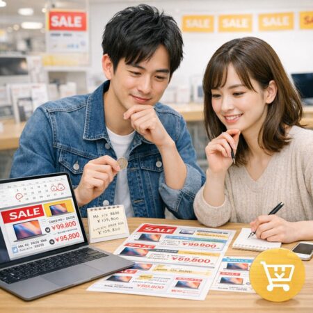 セール時期にMacBookの価格や構成を比較しながら最適な購入タイミングを見極めるイメージ