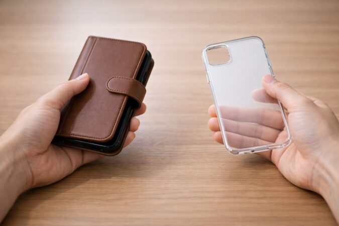 分厚い手帳型ケースと薄型背面ケースの印象差が伝わるスマホ比較イメージ