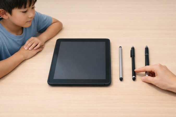 チャレンジタッチのタッチペン代用は静電式から試し、合わなければ切り分けて純正検討する流れを示す机上イメージ