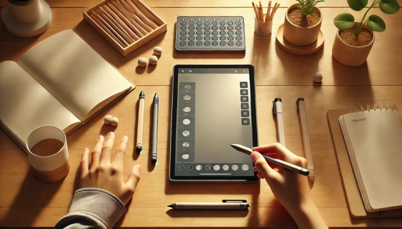 チャレンジタッチで使える代用タッチペンを、静電式・太め先端・2WAYタイプで比較して選ぶ家庭の机上イメージ