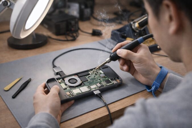 携帯ゲーム機の基板改造作業を示す作業台の写真（保証喪失や故障リスクを連想させる）