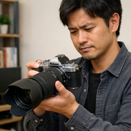 Nikon Z fcに重めのレンズを装着し、グリップの浅さや前重心を確認している日本人の使用感イメージ
