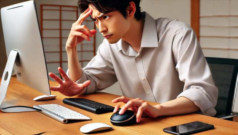 トラックボール操作で精密操作と親指負担に悩む日本人ワーカーの作業風景