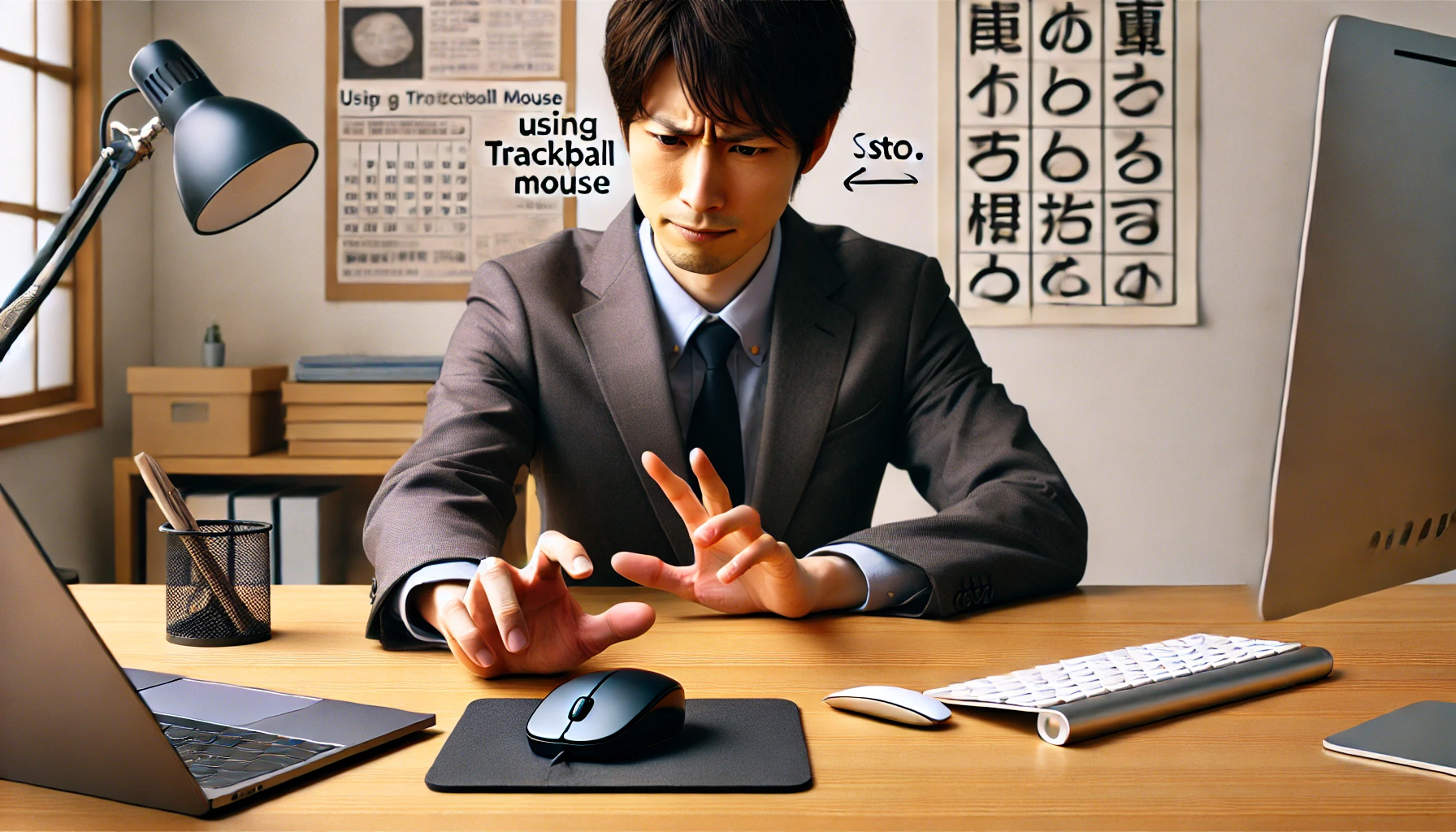 トラックボールと通常マウスを前に、乗り換えを検討する日本人ワーカーのデスク風景