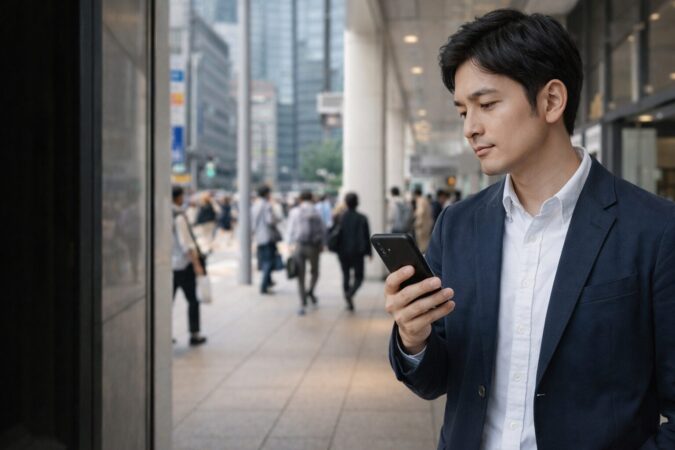 日本人の利用者が都市部でスマホ通信の安定性を比較して見直しているイメージ