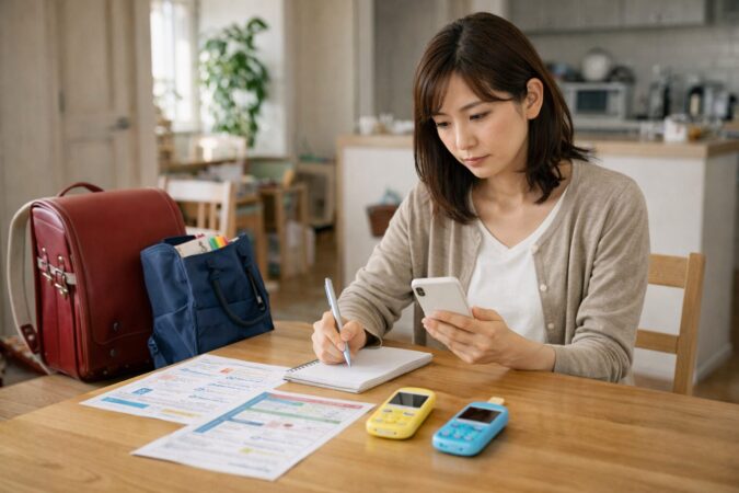 日本人の保護者が自宅でキッズケータイ導入の実態を調べる場面