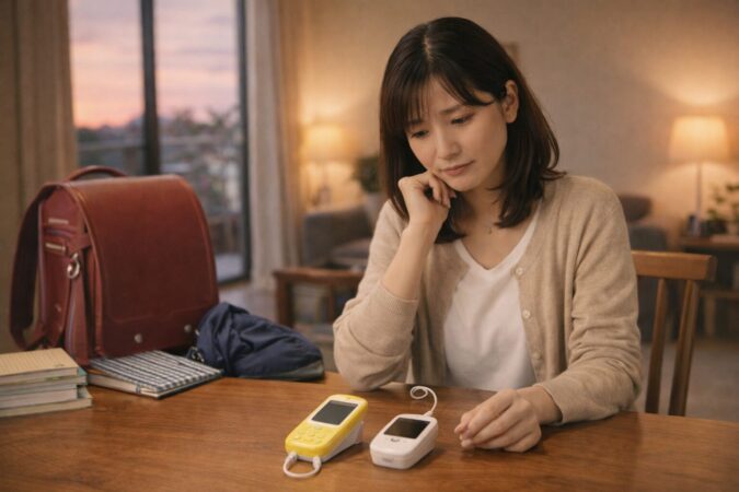 日本人の保護者がキッズケータイを待つべきか代替案と比較する様子