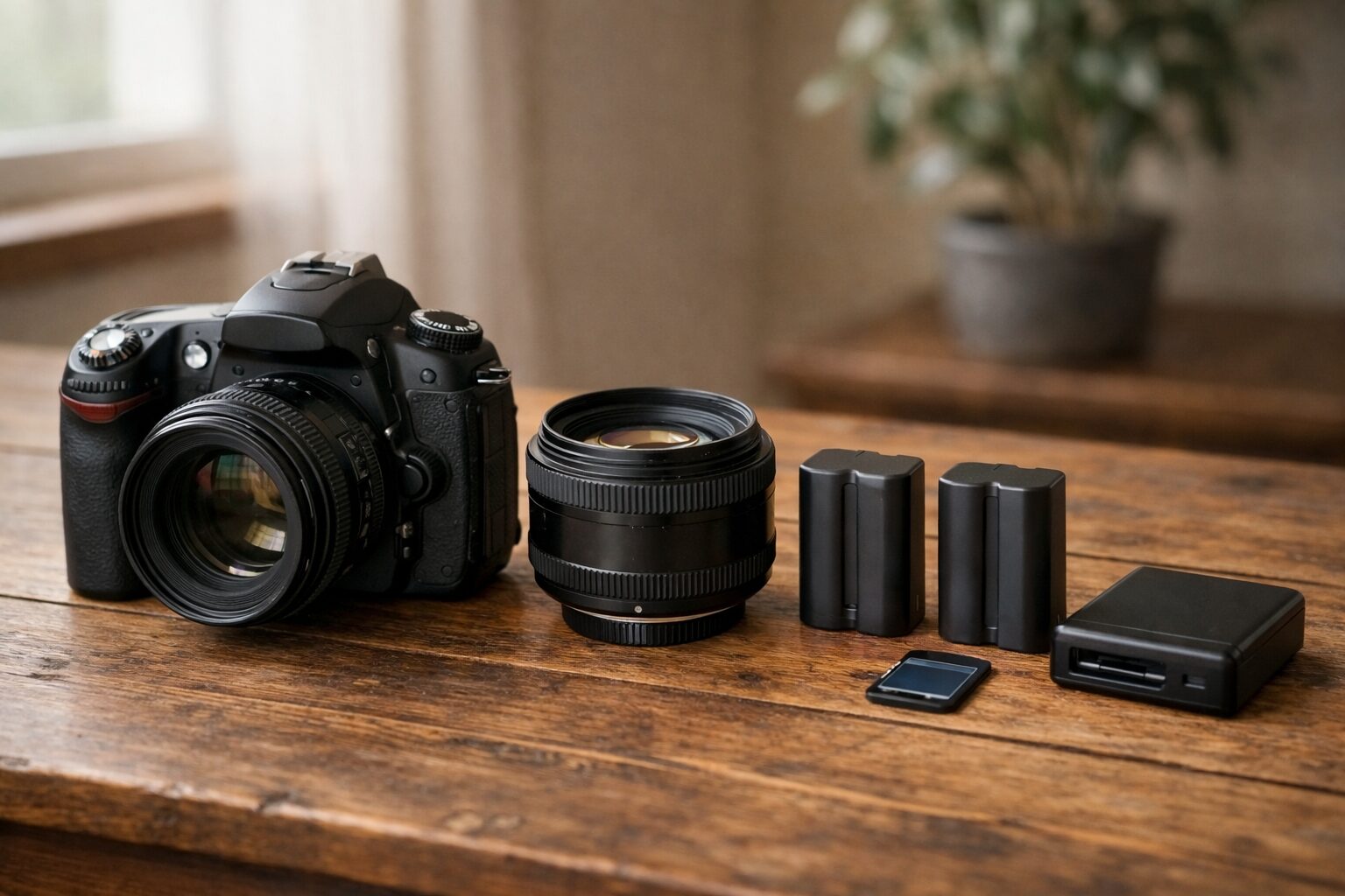 ニコンD90を今でも実用的に使うためのレンズやバッテリー、SDカードリーダーを並べた写真風イメージ