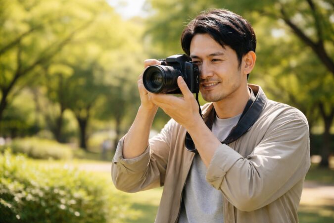 日本人ユーザーが公園で旧型一眼レフを使い静止画撮影を楽しんでいる様子