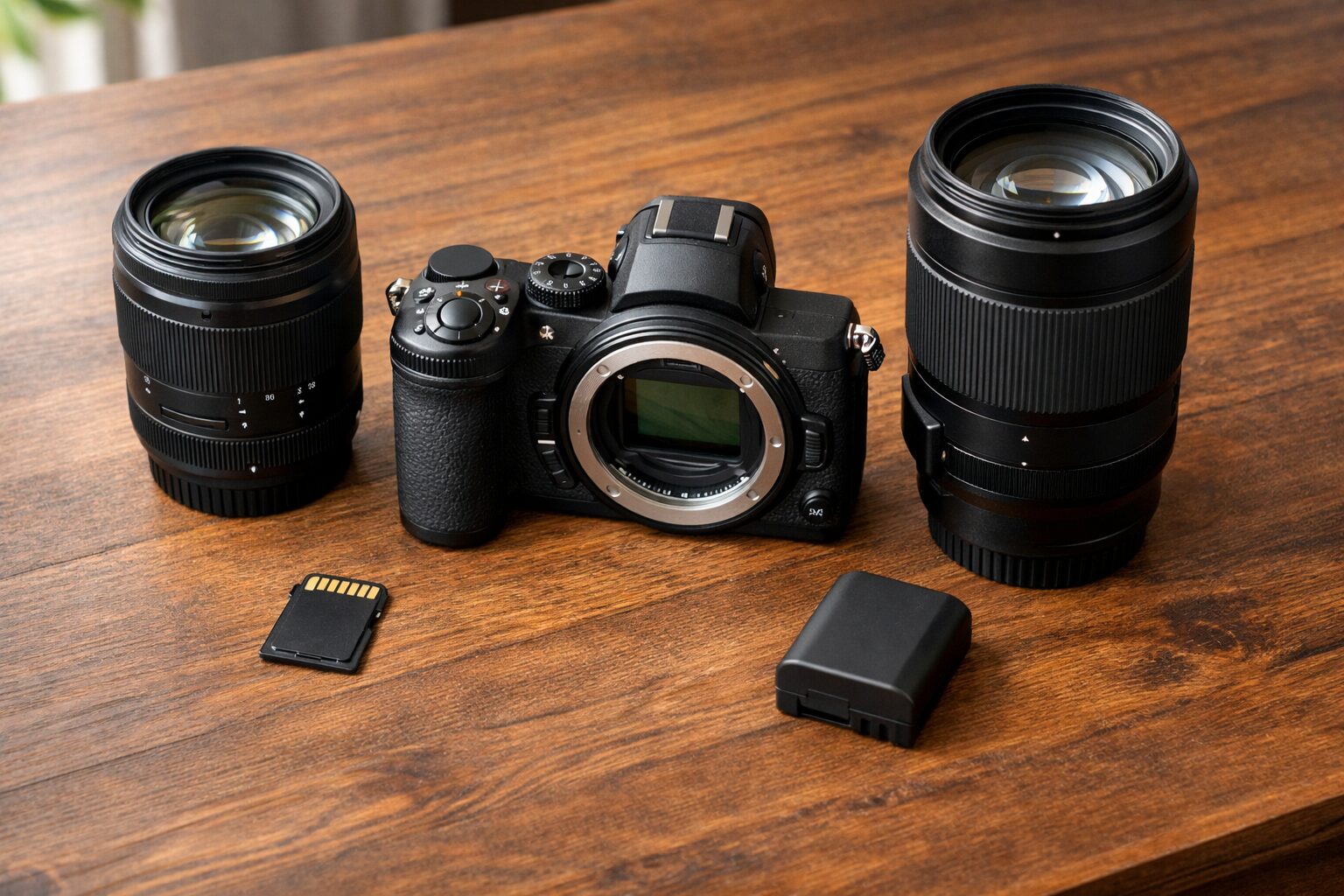 ニコンZ5IIのレビュー導入をイメージしたカメラ本体と交換レンズ、周辺機器の俯瞰写真