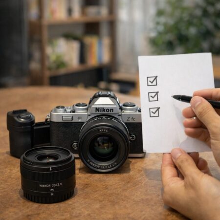 Nikon Z fc本体とグリップ、単焦点レンズを整理して、後悔しにくい選び方を示す購入判断イメージ
