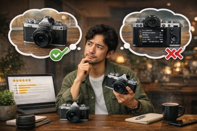 Nikon Z fcのクラシックデザインと実用性を、日本人ユーザーが屋内で比較検討しているレビューイメージ