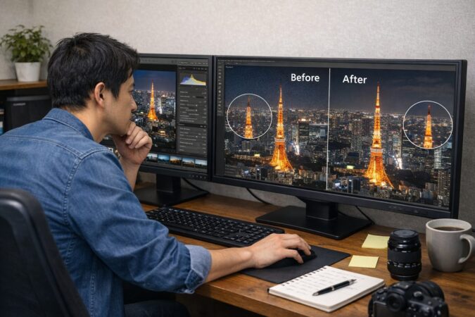 日本人フォトグラファーが夜景写真のノイズ除去を細かく確認しながら自然な仕上がりを比較している横長画像