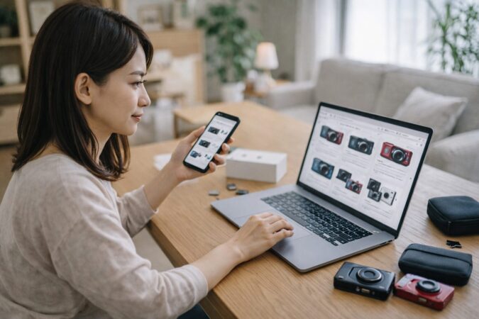 複数ショップを横断してカメラ購入先を比較する通販チェックの様子