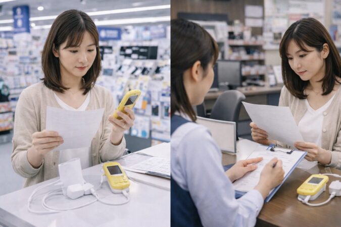 日本の量販店二店舗でキッズケータイの条件を比較するイメージ