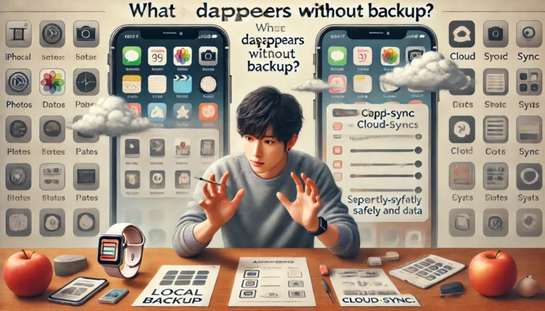 バックアップしないと消えやすい端末内データと、別管理のクラウド同期データの違いを考えるイメージ