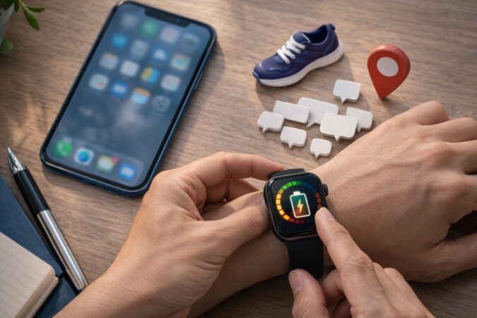 通知増加・運動・GPSなど複合要因で電池消耗が早くなる状況を小物で表現した俯瞰写真