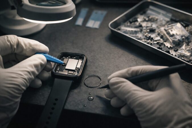 格安バッテリー交換で注意すべき耐水シールや部品品質リスクを示す分解作業の手元