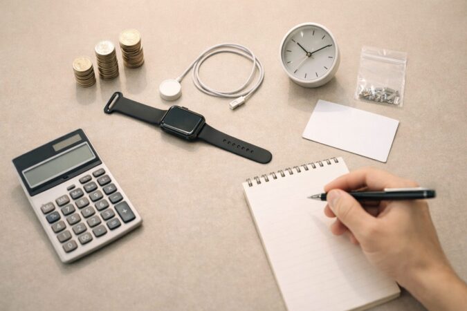 スマートウォッチのバッテリー交換費用を総コストで比較するイメージ(コインと周辺機器の俯瞰)