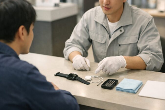 正規サービス窓口で日本人スタッフがスマートウォッチのバッテリー交換相談に対応している様子