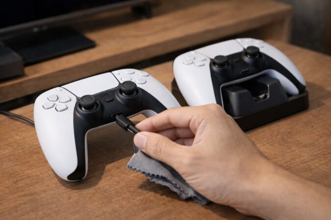 バッテリー劣化の切り分けを想起させる、有線接続と充電スタンドを確認する手元写真