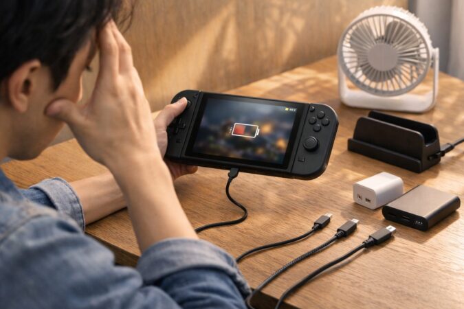 Switch2のバッテリー持ちが悪い原因を切り分けるため充電器やケーブルを比較する様子