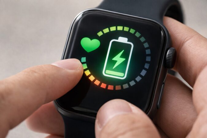 スマートウォッチ画面の抽象アイコンでバッテリー最大容量の確認手順を連想させる接写