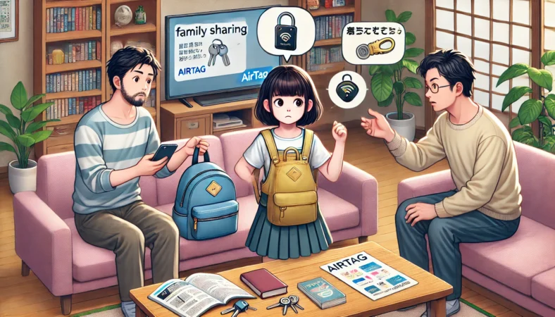 AirTag共有時の気付きや通知への不安を表す日本人家庭のイメージ