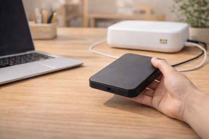 パソコン兼用で使えるポータブルHDDをおもいでばこと並べたイメージ