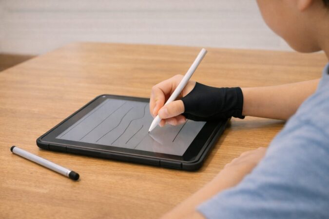 パームリジェクション不足で誤反応しやすいときに、タブレット用グローブで手のひら接触を減らして書き取りする様子