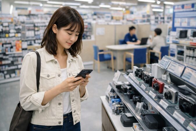 家電量販店で目当てのコンデジ取扱いを慎重に確認する場面