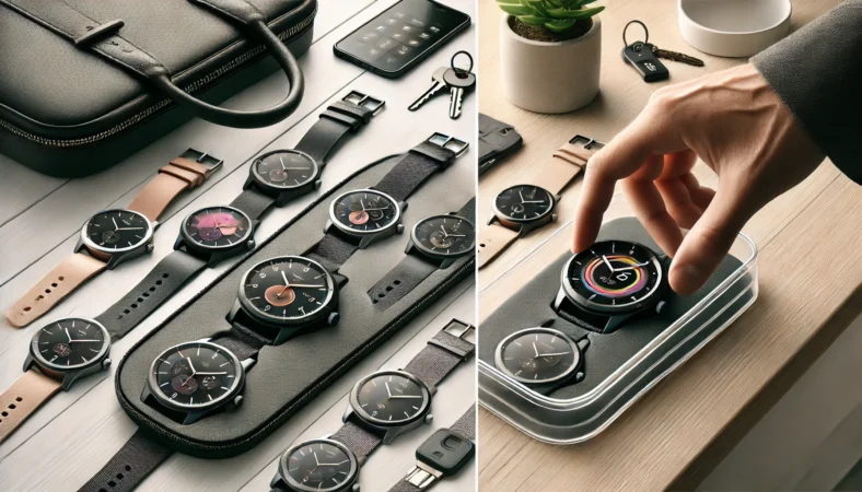 複数の丸型スマートウォッチでフェイスデザインの違いを見せる比較イメージ