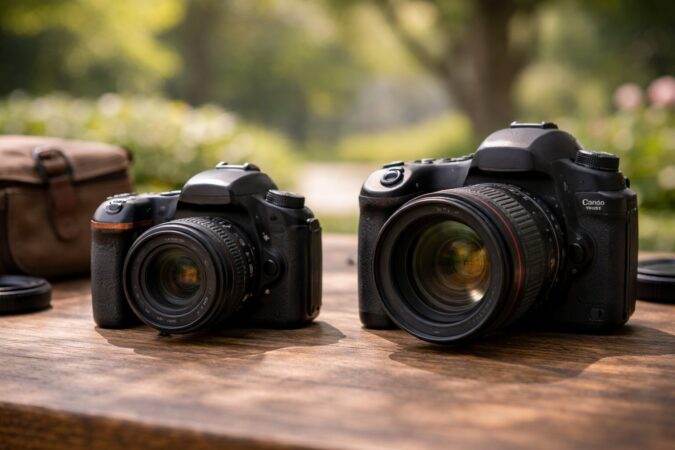 DX機とフルサイズ機の違いを雰囲気で伝えるカメラ比較イメージ