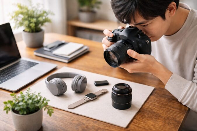 旧型一眼レフと明るい単焦点レンズでブログ用の物撮りをしている様子