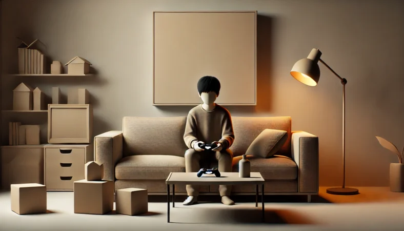 在庫切れ時に旧コントローラーで遊びつつ、複数ルートで再入荷を待つ対策を表現した生活シーンの写真