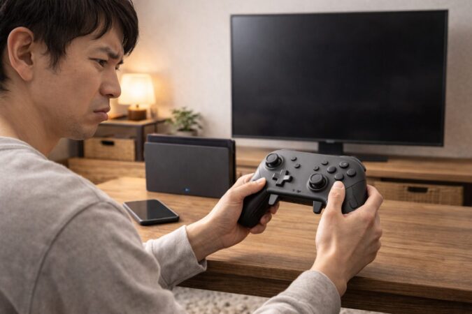 旧Switchに新型プロコン2相当コントローラーを接続しようとして困っている様子（買い間違い注意）