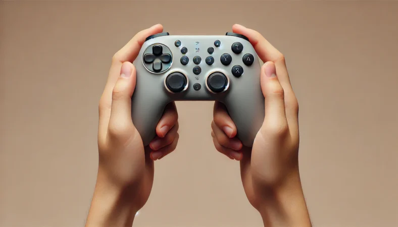 購入ルートを比較する意図を、机上のコントローラーと無地の立方体オブジェで表現したイメージ写真