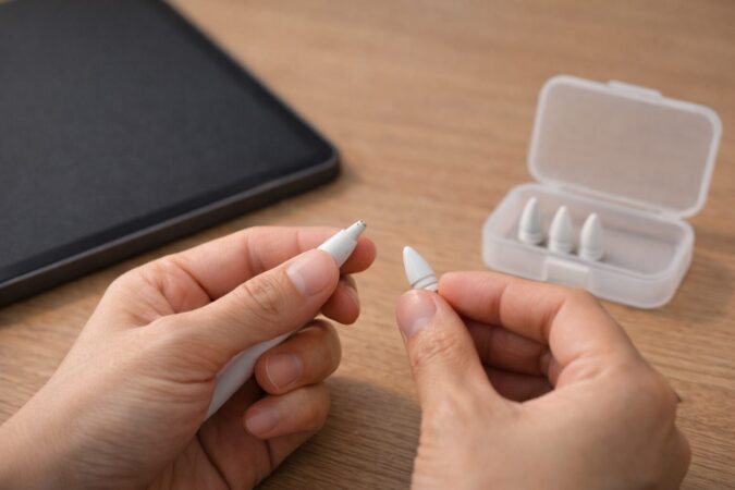 摩耗したペン先と交換用ペン先を見比べてメンテナンスする日本人ユーザーの手元（描き心地の劣化チェック）