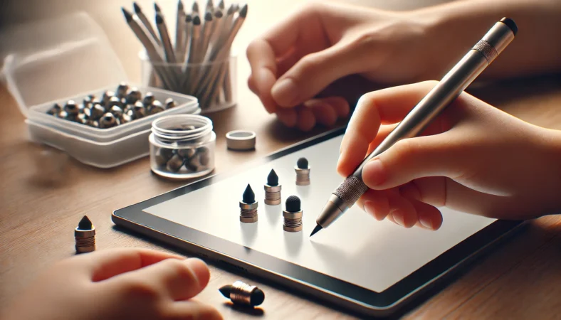 タッチペンの交換用ペン先を付け替えて、反応改善と寿命延長を確認する手元のクローズアップ