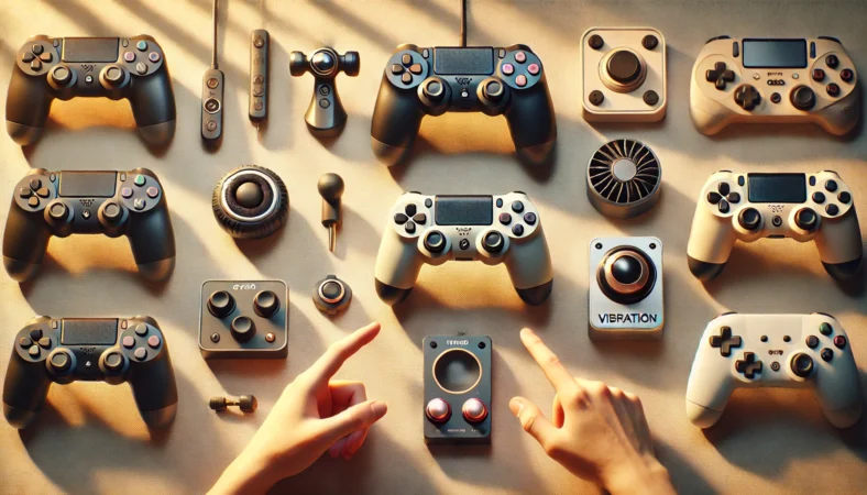 ホリ系サードパーティコントローラーを机上で比較し、ジャイロや振動など機能差の注意点を確認している日本人レビューの手元写真