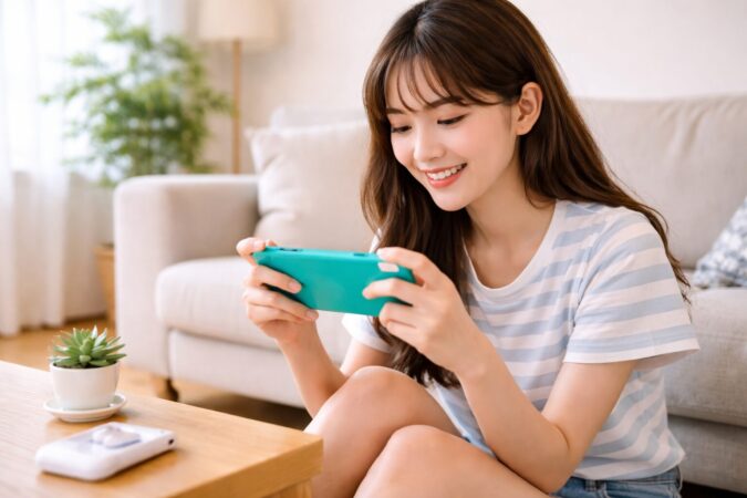 携帯ゲーム機で収集や育成ゲームを気軽に楽しむ日本人ユーザーのイメージ