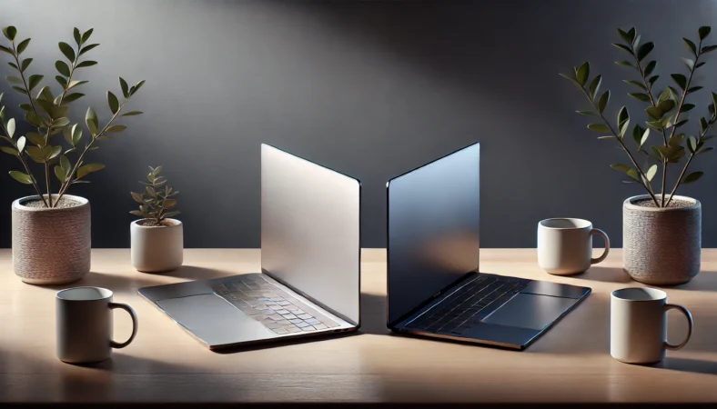 スターライトとミッドナイト系ノートPCを対比し、明るさと重厚感の違いを見せる比較イメージ