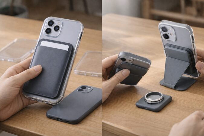 背面ケースにカードウォレットとスタンド機能を分けて使うスマホ活用イメージ