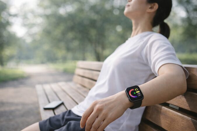 スマホを持たずに外出し手首のスマートウォッチで最低限の連絡を確保するイメージ