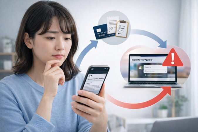 iCloud自動更新失敗メールが届く理由を支払い不備と詐欺誘導で表したイメージ