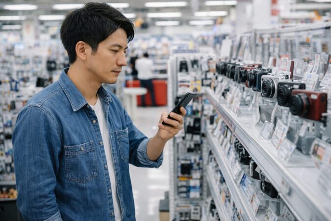 店舗でカメラ在庫や入荷予定を問い合わせる日本人客のイメージ