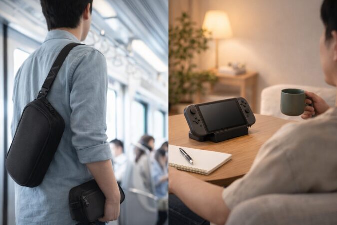 携帯メインと据え置きメインで最適解が変わることを示す、外出シーンと自宅シーンの対比写真